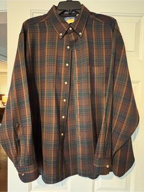 Pendleton 100% Wool Brown, Green and Navy Plaid Button-Down Shirt Size XL